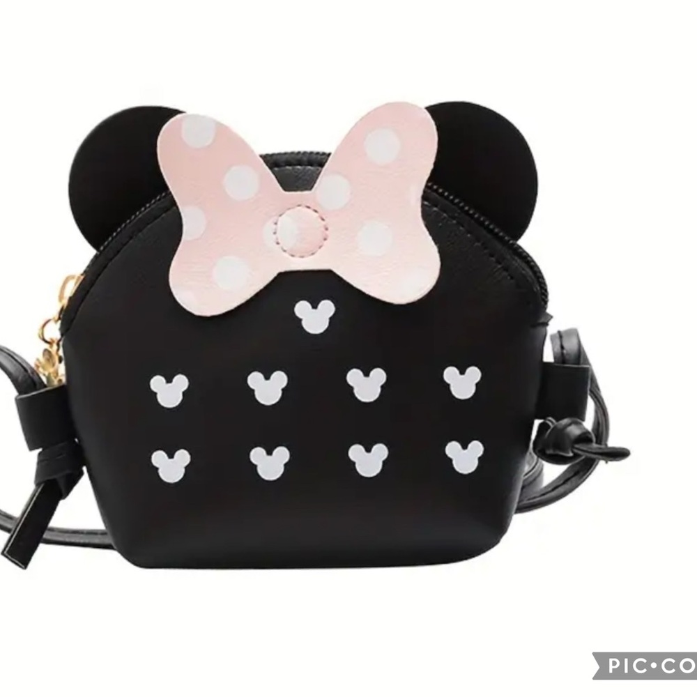 Adorable Minnie Mouse Black Polka Dot Crossbody/Coin purse Bag & Pink Bow Accent